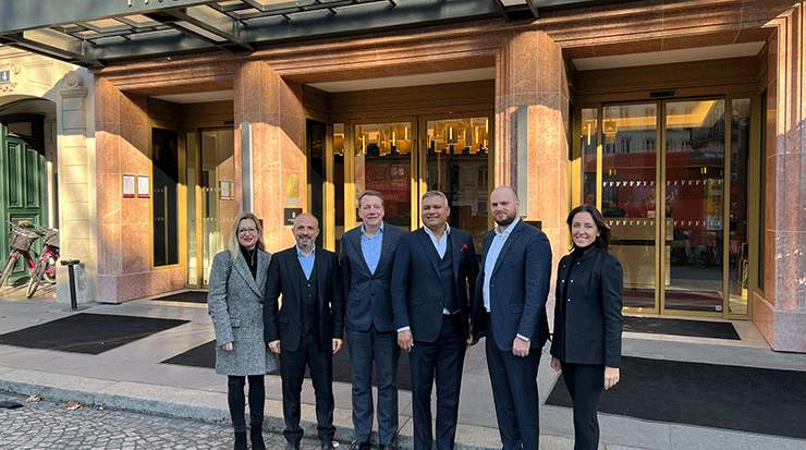 The teams from Aleph Hospitality and Fauchon Hospitality in front of Fauchon L’Hôtel Paris 