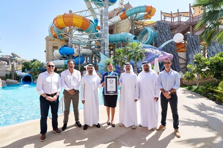 Yas Waterworld Yas Island, Abu Dhabi has officially been awarded the Guinness World Records&trade; title for the most waterslides in a waterpark